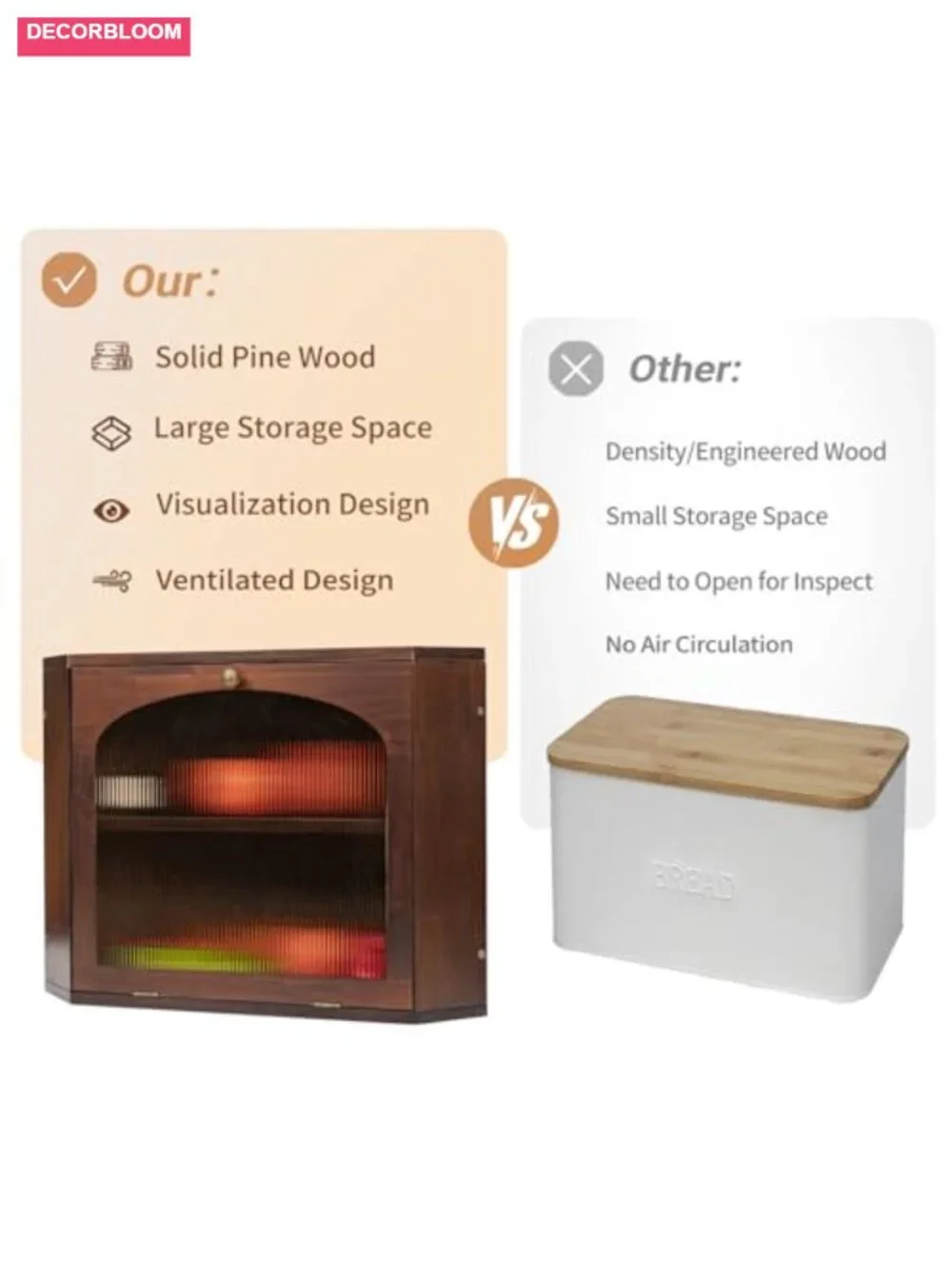 Solid Pine Wood Corner Bread Box with Magnetic Lock